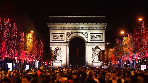 Illuminated architecture of famous travel destination at night.