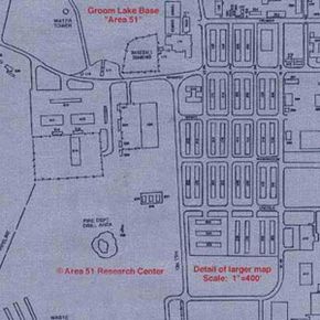 A simple black line map of part of the Area 51 facility.