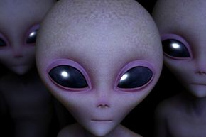 Artist's conception of a close-up of three purple aliens.