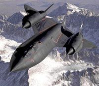 An SR-71 Blackbird plane, against a background of snow-capped mountains.