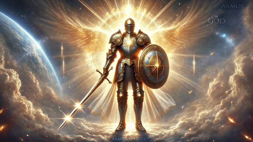 A knight standing on clouds bears a sword and shield