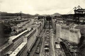 The building of the Miraflores lower locks at the Panama Canal, 1912.