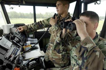 U.S. Army soldiers man a tactical air training mission.