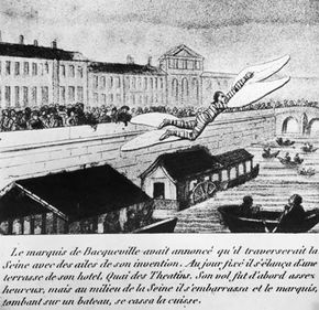 Marquis de Bacqueville's mid-flight across the Seine with a group on onlookers.