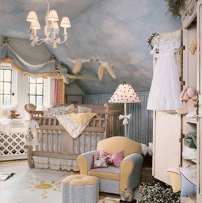 A trio of flying geese, one garbed as Mother Goose, adds an imaginative touch to this sunny, sky blue nursery. Designer: Pamela DiCapo. Retailer: Lauren Alexandra