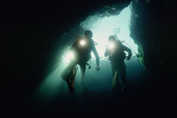 Divers in an Undersea Cave