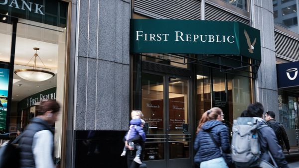 People walk past a First Republic bank in Manhattan