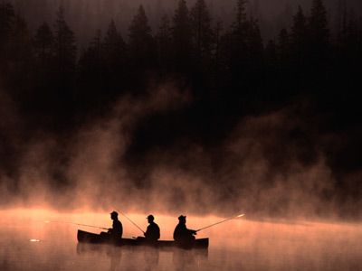 Foggy morning, fisherman fishing in still waters.