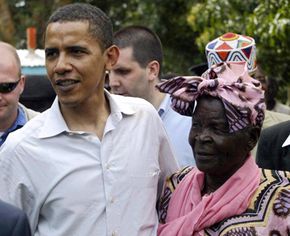 Barack Obama tours his ancestral homeland Kenya, with his grandmother, Sarah Obama, in August 2006.
