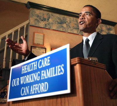 Barack Obama speaks about health care coverage for small business owners at a 2004 press conference.