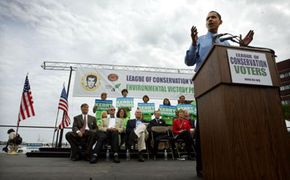 Barack Obama addresses the League of Conservation Voters Environmental Victory Rally in Boston in 2004.