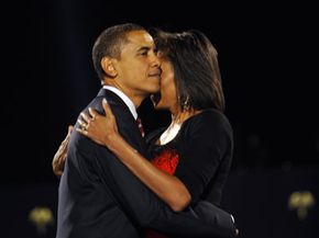 President-elect Barack Obama hugs his wife Michelle during an election night rally on Nov. 4, 2008.