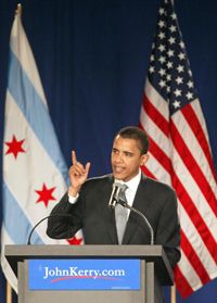 U.S. Senator for Illinois Barack Obama speaks on behalf of Democratic Party nominee John Kerry in Chicago during the 2004 primaries.