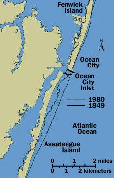 Changes in Assateague Island as a result of accelerated erosion from the man-made rock jetties of Ocean City Inlet (top: photo of the inlet, bottom: map of the area with outline showing the position of the island in 1849).