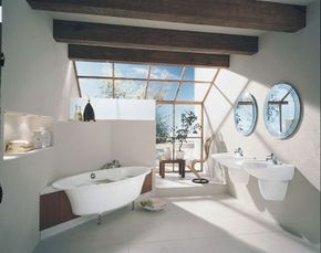 Minimalist Modern Bright Shower Room With A Daylight Lamp In The Ceiling To  Create The Illusion Of A Window Dark Hardware To Create Contrast With Light  Walls Shower Toilet Bidet And Washbasin