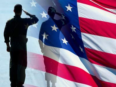 Flag and soldiers saluting.