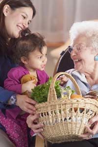 Mother and daughter assist senior woman with food basket.