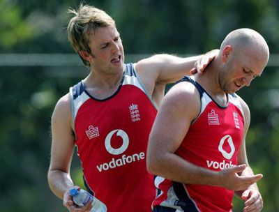 English bowler Graeme Swann applies sunscreen to wicketkeeper Matt Prior's hard-to-reach places in Sri Lanka