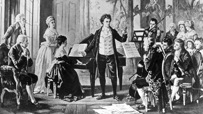 Ludwig van Beethoven conducts one of his three "Rasumowsky" string quartets