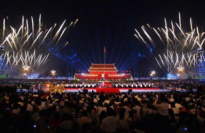 Celebrating Chinese culture with fireworks at night.