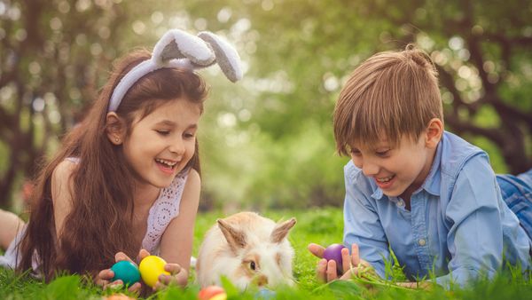 children with rabbit and easter eggs