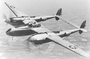 1940s - A test flight of the YP-38 service test fighter aircraft. After the test phase, the P-38 was designated the Lightning.