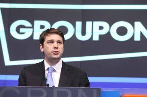 Andrew Mason, then-CEO of Groupon, speaks at the NASDAQ market site in Times Square, N.Y., following Groupon's initial public offering and listing on the NASDAQ exchange in 2011. Two years later, he was history.
