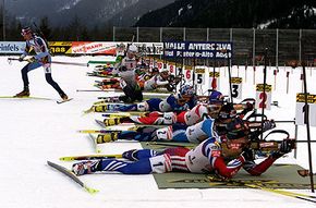 Biathletes firing in the prone position, 2002 Winter Olympics