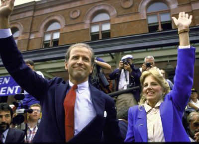 joseph biden and jill biden waving to the crowd