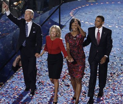 joe biden, jill biden, barack obama, and michelle obama at the democratic national convention