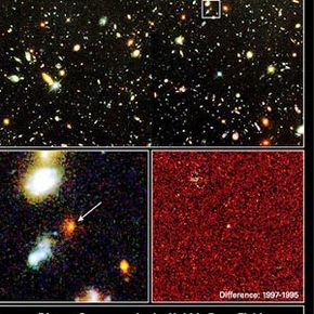Pictured and magnified here on the left is a supernova that Hubble caught on camera that exploded 10 billion years ago. Called 1997ff, it greatly bolstered the case for the existence of dark energy pervading the cosmos.