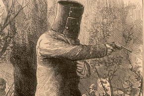 An illustration of Ned Kelly wearing his famous armor.