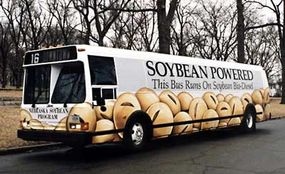 A city bus with vehicle wrap that advertises it's use of biofuels.&nbsp;