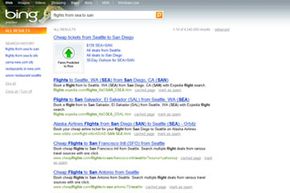 A Bing travel page showing a list of links to flight options.