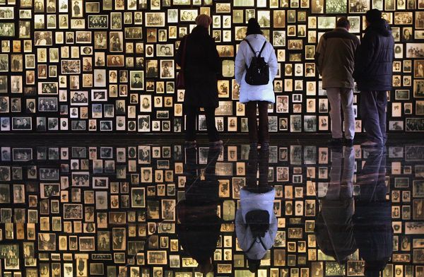 Men in reflection of adult architecture, businessman.