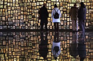 Men in reflection of adult architecture, businessman.