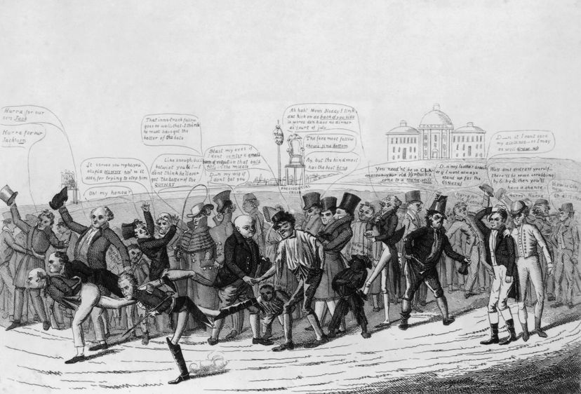 This political cartoon shows the three candidates in the 1824 election taking part in a foot race toward the White House. John Quincy Adams and William Crawford pull ahead of Andrew Jackson, who got the most popular votes but still lost the election to Adams. David Claypoole Johnson/MPI/Getty Images