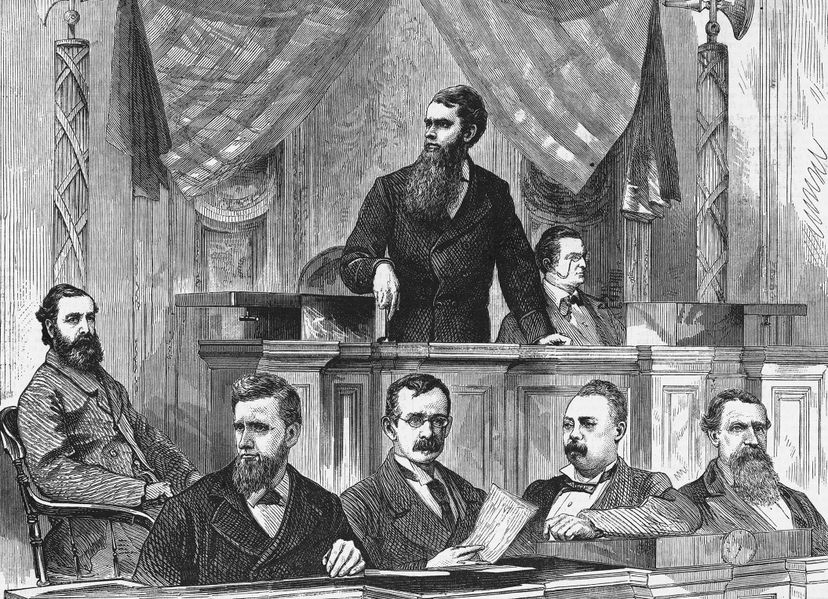 Thomas Ferry, the Senate president, announces the results of the election between Rutherford B. Hayes and Samuel J. Tilden. The final vote which declared Hayes the new President by one electoral vote, could not be announced until 4 a.m. Bettmann/Getty Images