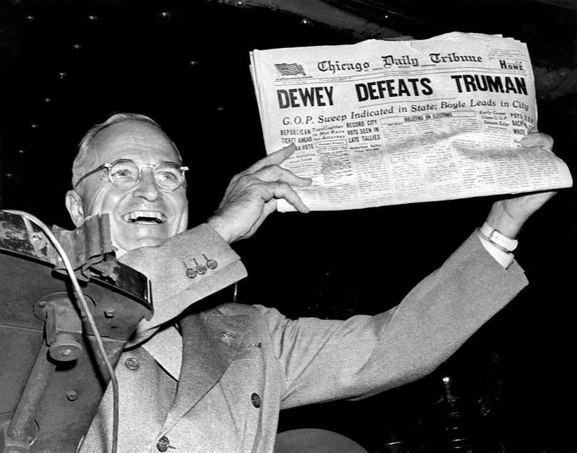 President Harry Truman holds up a copy of the Chicago Daily Tribune declaring his defeat to Thomas Dewey in the presidential election, St. Louis, Missouri. It's one of the most famous examples of a newspaper getting the story wrong. Underwood Archives/Getty Images