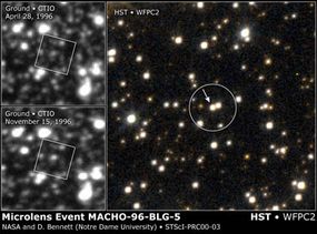 这些图像显示了来自地面望远镜18新利最新登入(左)和哈勃太空望远镜(右)的MACHO-96-BL5的变亮。＂border=