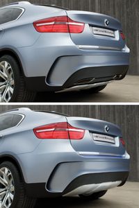 Rear view of the BMW X6 ActiveHybrid concept during combustion mode (above) and electric mode (below).