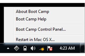 By default, Boot Camp places an icon in your Windows System Tray, which you can use to reboot to Mac OS X.