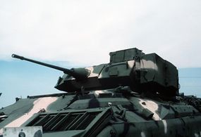 Close-up view of the 25mm chain gun mounted on the top of a U.S. Army M3 Bradley