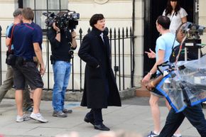 Benedict Cumberbatch filming "Sherlock" in London in 2013.”border=