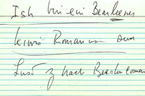 The "Ich bin ein Berliner" speech card written by President Kennedy for his speech at Berlin City Hall.