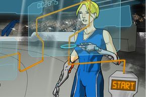 Drawing of the Cybathlon's powered arm prosthesis event in action