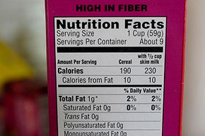 This label on a package of cereal shows how many calories (really, kilocalories) are in one serving.
