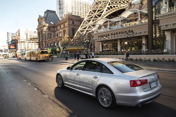 An Audi connect-equipped A6 cruises on the Las Vegas strip.