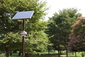 As this image shows, even powering something as simple as a park light can require a large solar panel to gather the necessary energy.