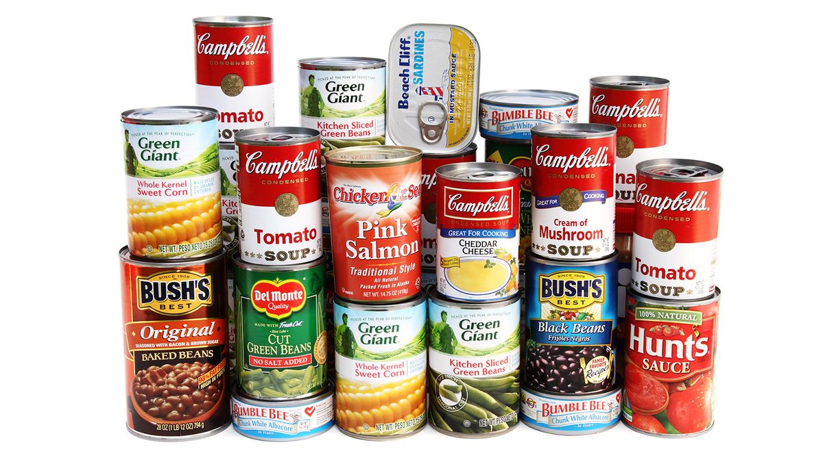 Collection of various tins canned goods food metal